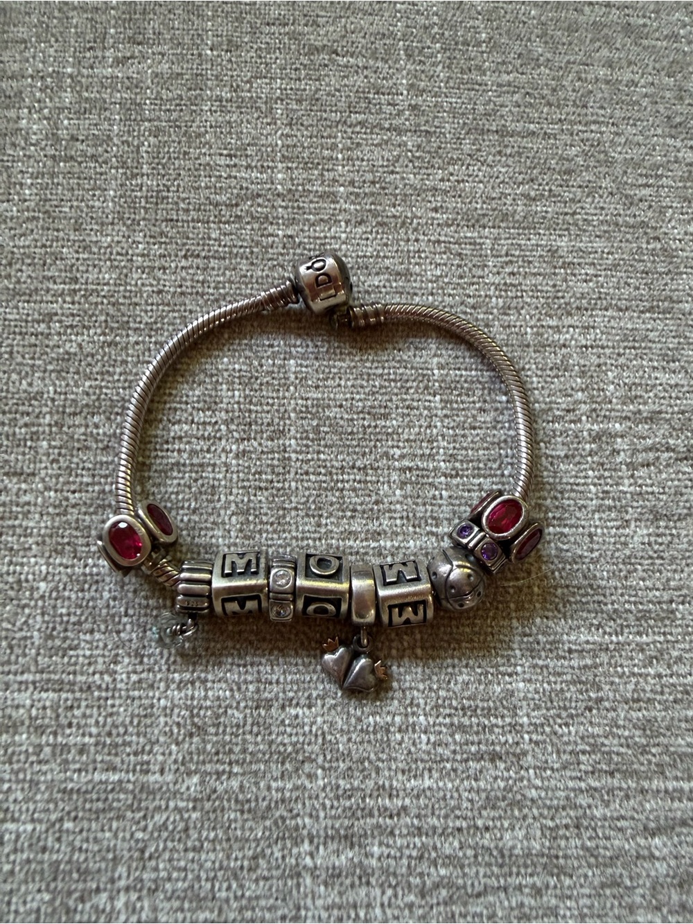Pandora Silver Charm Bracelet with Pink and Purple Accents